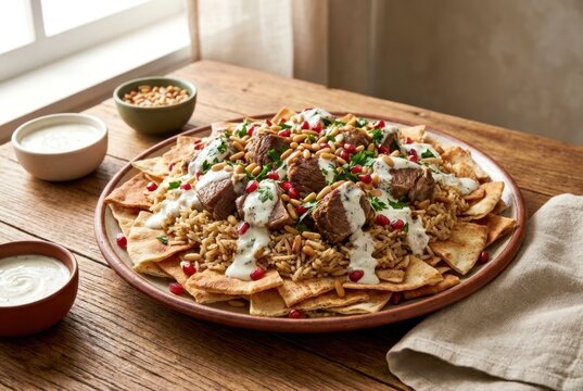 Authentic Egyptian Lamb Fatteh Platter with Rice Crispy Pita and Yogurt Sauce