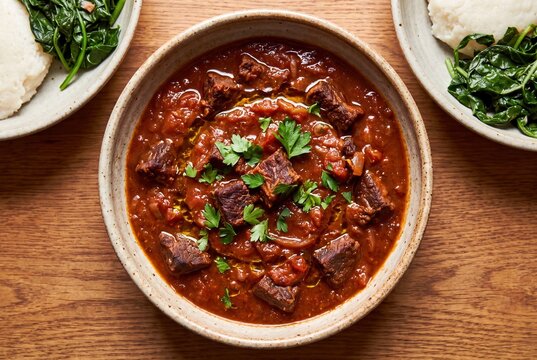 Traditional Zimbabwean Chimukuyu Stew Made with Dried Beef and Rich Tomato Sauce Served with Sadza and Greens