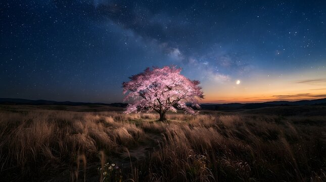 A glowing cherry blossom tree under a starry night sky with the milky way