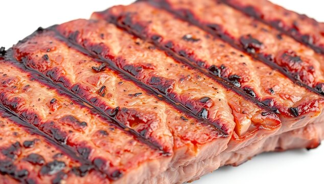 A close up view of a tender piece of grilled pork loin with dark charred barbecue grill marks