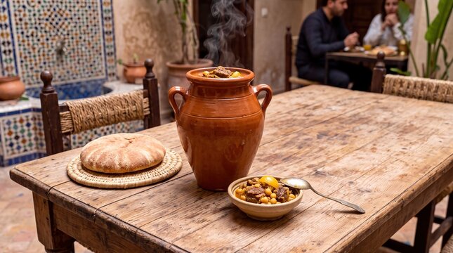 Steaming Moroccan lamb tanjia stew in a traditional terracotta jar served on a rustic wooden table