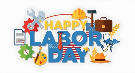 Naklejka premium Happy labor day greeting card design with various professional work tools and equipment icons