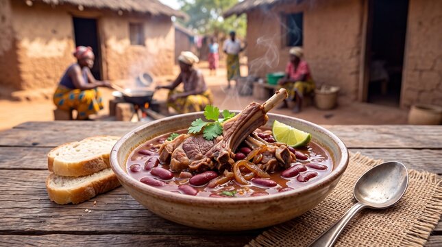 Traditional Mozambican Sopa de Feijao Red Bean Soup Stewed with Lamb Ribs on Wooden Table