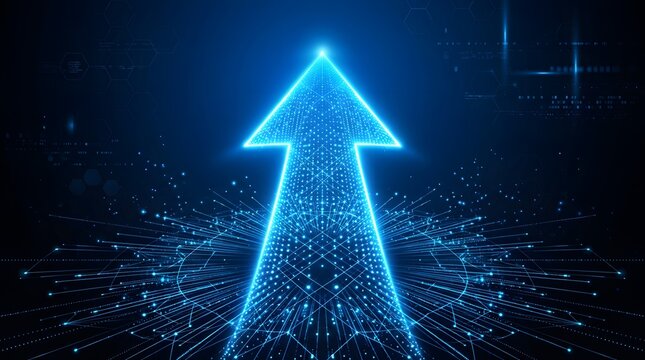 Glowing blue upward arrow with futuristic network connections
