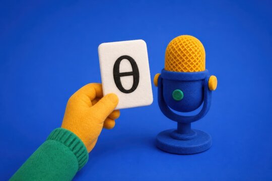Podcast concept with felt microphone and theta symbol card