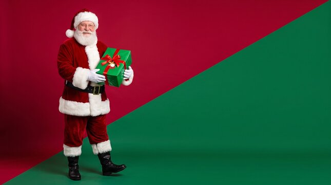 Santa Claus holding green gift box against split red and green studio background