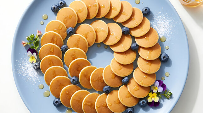 Mini pancakes arranged in a circle on a blue plate with fresh blueberries