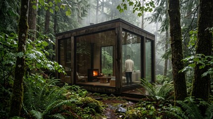 Obraz premium A person stands inside a cozy, glass-walled modern cabin featuring a glowing fireplace, surrounded by a lush, rainy, green forest.