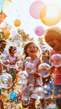 A joyful group of diverse children playing together at an outdoor summer festival, surrounded by colorful balloons, floating soap bubbles, and flying confetti under bright sunny daylight.
