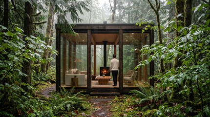 Obraz premium A person stands inside a cozy, glass-walled modern cabin featuring a glowing fireplace, surrounded by a lush, rainy, green forest.