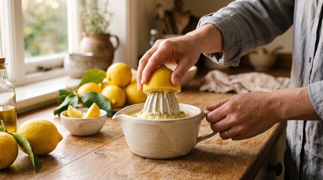 Person squeezing fresh lemon juice with a manual ceramic juicer in a rustic kitchen.