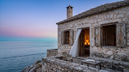 Fototapeta premium A charming stone cottage sits on a rocky cliff overlooking a calm sea at dusk, with an open door and window revealing a warm, lit interior.