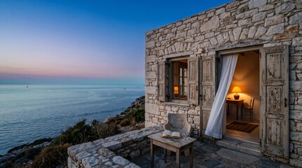 Fototapeta premium A charming stone cottage sits on a rocky cliff overlooking a calm sea at dusk, with an open door and window revealing a warm, lit interior.