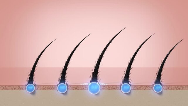 Damaged Hair Strands Repair with Cosmetics Serum Shampoo Round Drops and Glowing Circle - 3d 4k Animation (3840 x 2160 px)