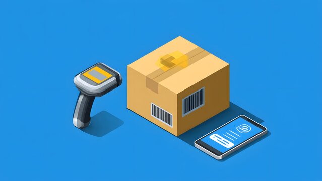 isometric 3d illustration of cardboard box package barcode scanner and smartphone on blue background for shipping logistics delivery and tracking