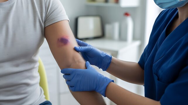 Medical wearing blue gloves examining a large purple bruise on a patient's arm during a clinical consultation in a medical office room