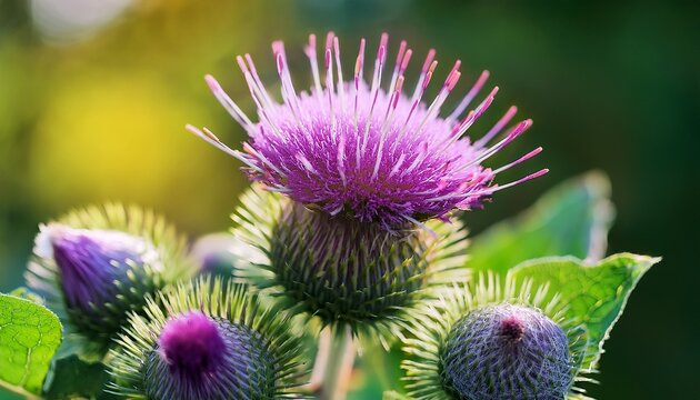 A Close Up Shot Of Blooming Burdock Flowers With Purple Prickly Heads And Green Leaves In A Natural Outdoor Environment