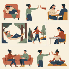 Fototapeta premium Vector illustrations of mental health self care boundaries and relaxation scenes