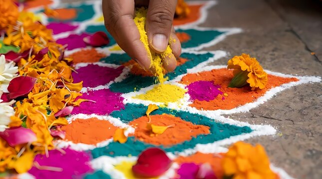 Hand creating colorful rangoli pattern with powder and flowers.