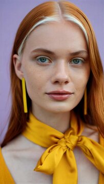 Red haired woman with a silver center streak wearing a mustard blouse, modern gray blending, hair color transition, salon consultation, personal style, confident beauty portrait, selfcare