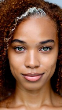 Woman with natural curly hair plus a silver front streak, embracing gray hair, premature graying awareness, inclusive beauty portrait, hair color transition, salon consultation, confidence