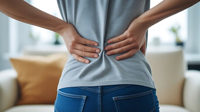 Person standing in a living room holding their lower back due to severe pain or muscle strain while wearing a casual grey shirt and blue jeans