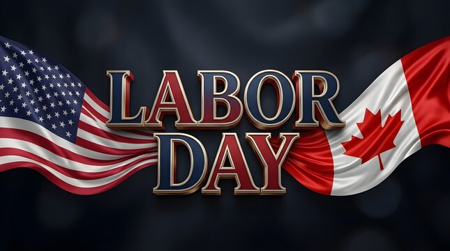 Labor day text displayed in bold metallic letters featuring waving national flags of the united states and canada against dark background