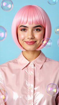 Pink bob hairstyle with glossy makeup, smiling woman amid iridescent bubbles, dopamine beauty aesthetic, bold hair color, gen z self expression, maximalist fashion, ai beauty personalization