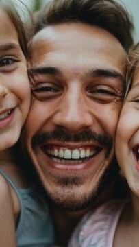 Father laughing with two young children in a close family portrait, modern fatherhood, involved parenting, emotional connection, work life balance, family wellbeing, quality time, dad life