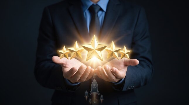 Businessman hands holding glowing five golden stars representing excellent customer rating, positive feedback and service award symbol for success and achievement in professional
