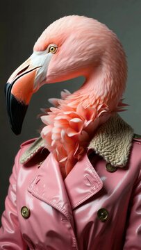 Anthropomorphic flamingo wearing a pink blazer in a fashion portrait, surreal fashion character, creative advertising, tropical humor, formal styling, quirky personality, animal fantasy