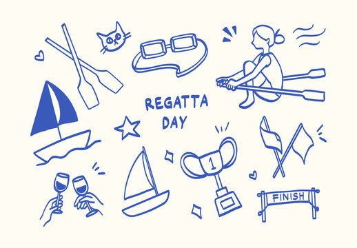 Hand Drawn Regatta Day Doodle Set with Sailboats Rowing Trophy Oars Racing Flags and Sailing Elements