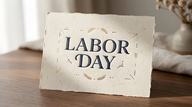 Labor day greeting card featuring elegant deep blue embossed typography on textured handmade cream paper sitting on wooden table surface