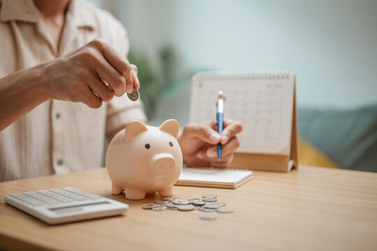 piggy bank saving with money coins; a piggy bank,, and calendar for personal saving. piggy guides buyer choices, bank frames the scene, and saving adds useful meaning. For useful context.