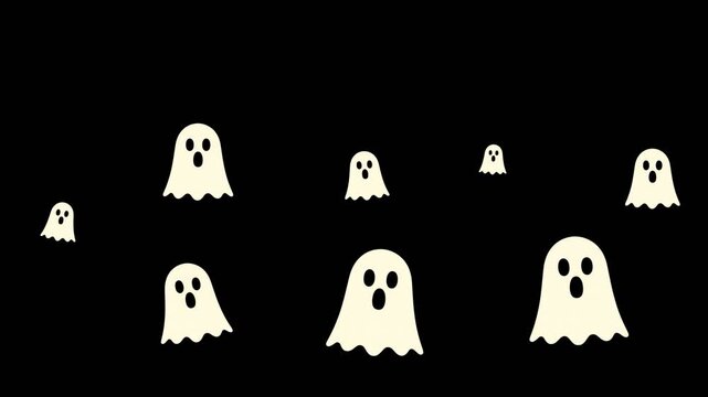 Animated flat cartoon ghosts floating up against black background