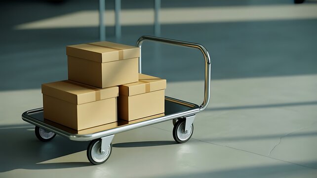 Three brown cardboard shipping boxes stacked on a metal warehouse trolley standing on a smooth grey concrete floor with soft natural lighting