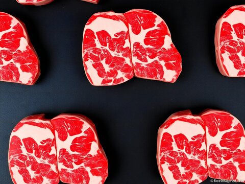Top view of several raw beef steak cuts arranged in a symmetrical pattern on a dark black surface