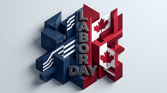 Labor day typography presented with creative isometric blocks featuring metallic text and stylized Canadian maple leaf flags on white background
