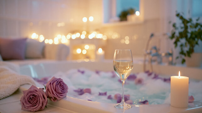 Cozy setting featuring a bubble bath, rose petals, lit candles, and a glass of wine creating a relaxing, romantic atmosphere