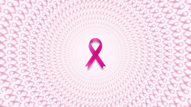 Breast cancer awareness month. Pink ribbon tapes concept circular pattern. Women healthcare abstract motion background. Video animation Ultra HD 4K 3840x2160