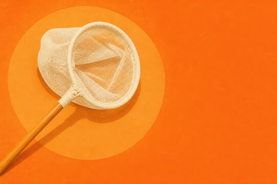 Butterfly net on orange background with soft circular shadow