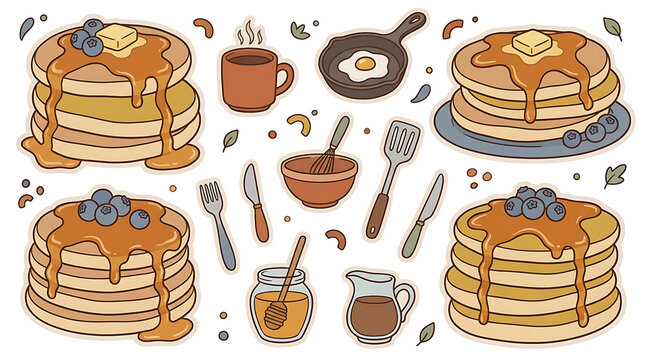 Pixel art breakfast set with pancakes syrup coffee and fried egg
