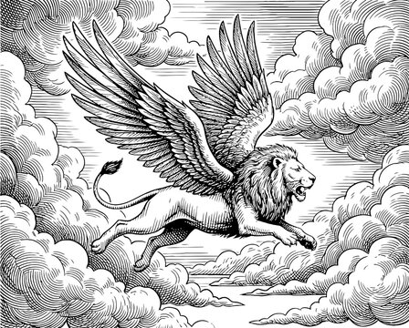 lion with wing and cloud engraving style vintage. Griffin Illustration heraldic beast in classic style, black colors on white