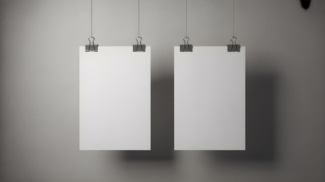 Two vertical blank paper posters hanging with binder clips on a wall