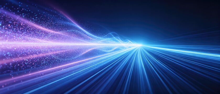 Fast blue and purple light streams flowing toward a bright horizon with digital particles, idea for high speed internet, data transmission and futuristic network technology
