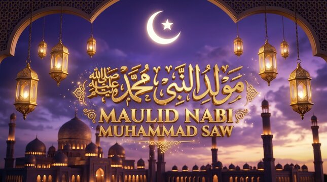 Maulid Nabi Muhammad SAW night banner with glowing lanterns Arabic calligraphy and mosque silhouette under moon