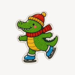 Fototapeta premium Cute cartoon crocodile in winter attire ice skating joyfully.