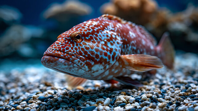 Red grouper fish swimming above pebbles on the ocean floor in clear blue water