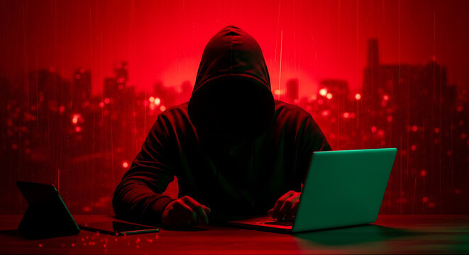 Anonymous hacker in hoodie using laptop for cyber attack in dark red neon city background