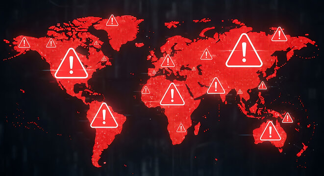 Global cyber security alert with red warning signs on a digital world map background.